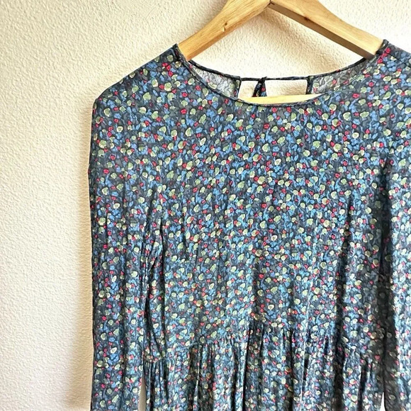 ZARA BASIC | Mini Floral Print Babydoll Dress Blue Red Green Tie Neck | Medium - Picture 1 of 6